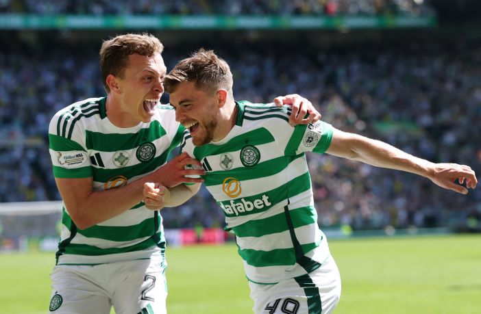 James Forrest of Celtic celebrates with Alistair Johnston