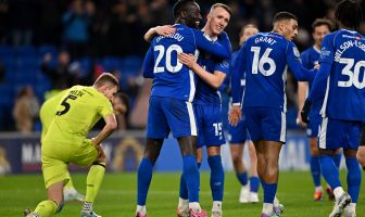 Famara Diedhiou of Cardiff City celebrates with David Turnbull