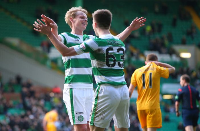 Gary Mackay-Steven of Celtic celebrates with Kieran Tierney