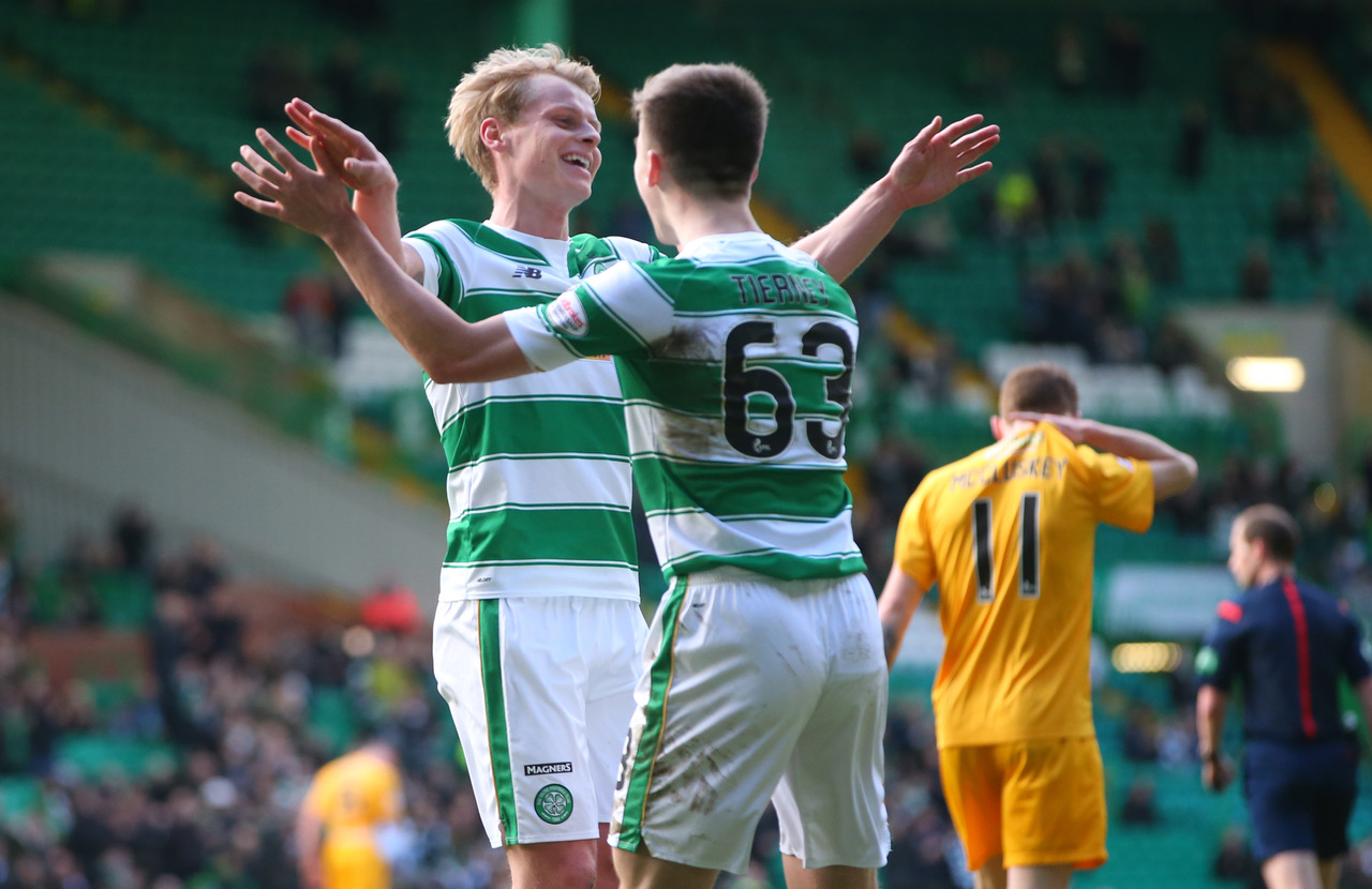 Gary Mackay-Steven of Celtic celebrates with Kieran Tierney