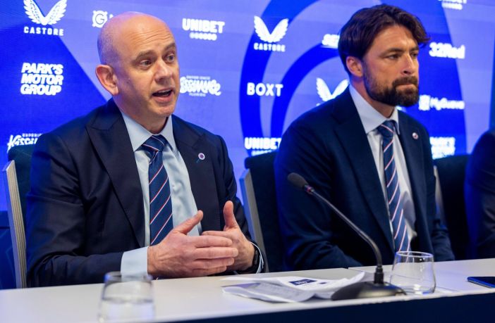 Russell Martin talks with the media alongside Chief Executive Officer Patrick Stewart