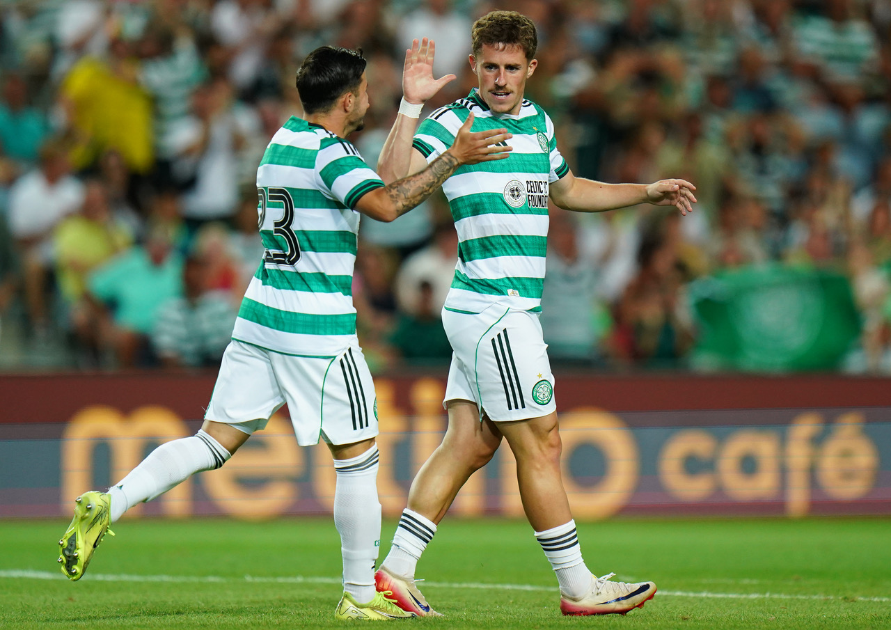 Luke McCowan of Celtic FC celebrates with teammate Marco Tilio