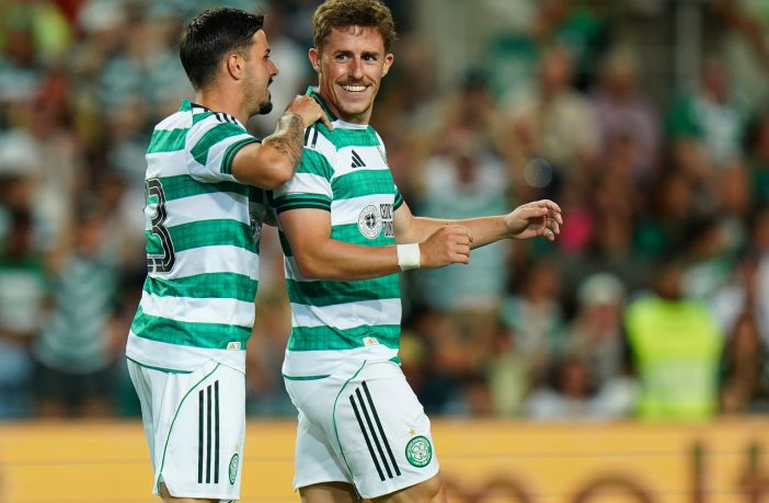 Luke McCowan of Celtic FC celebrates with teammate Marco Tilio