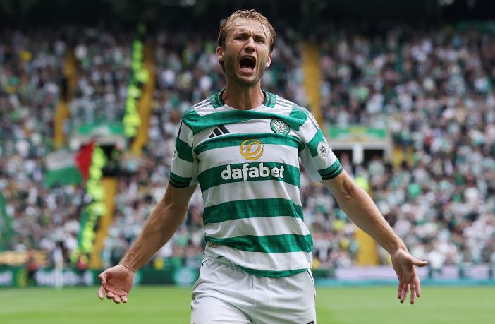 Benjamin Nygren of Celtic celebrates
