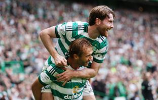 Benjamin Nygren of Celtic celebrates with team mate Anthony Ralston