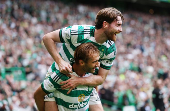 Benjamin Nygren of Celtic celebrates with team mate Anthony Ralston