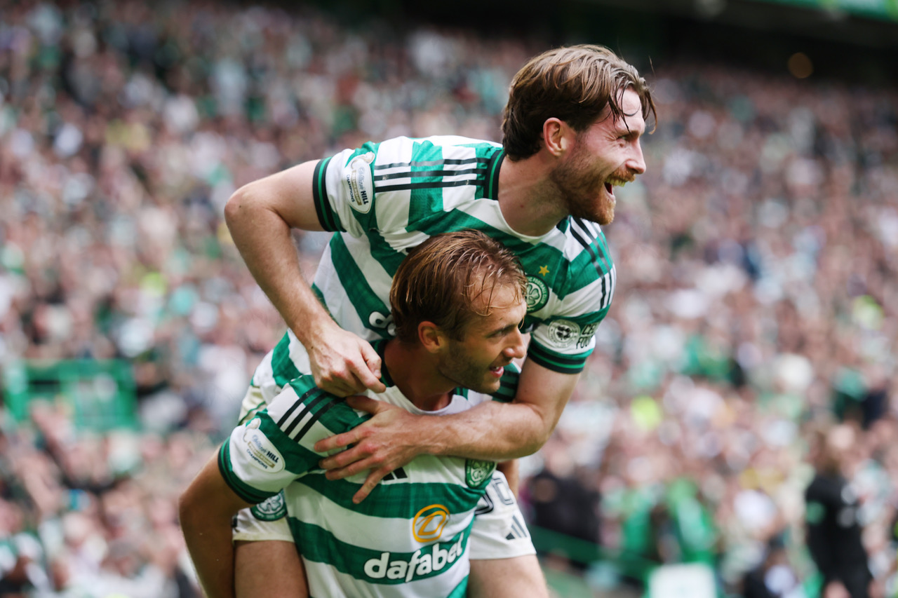  Benjamin Nygren of Celtic celebrates with team mate Anthony Ralston