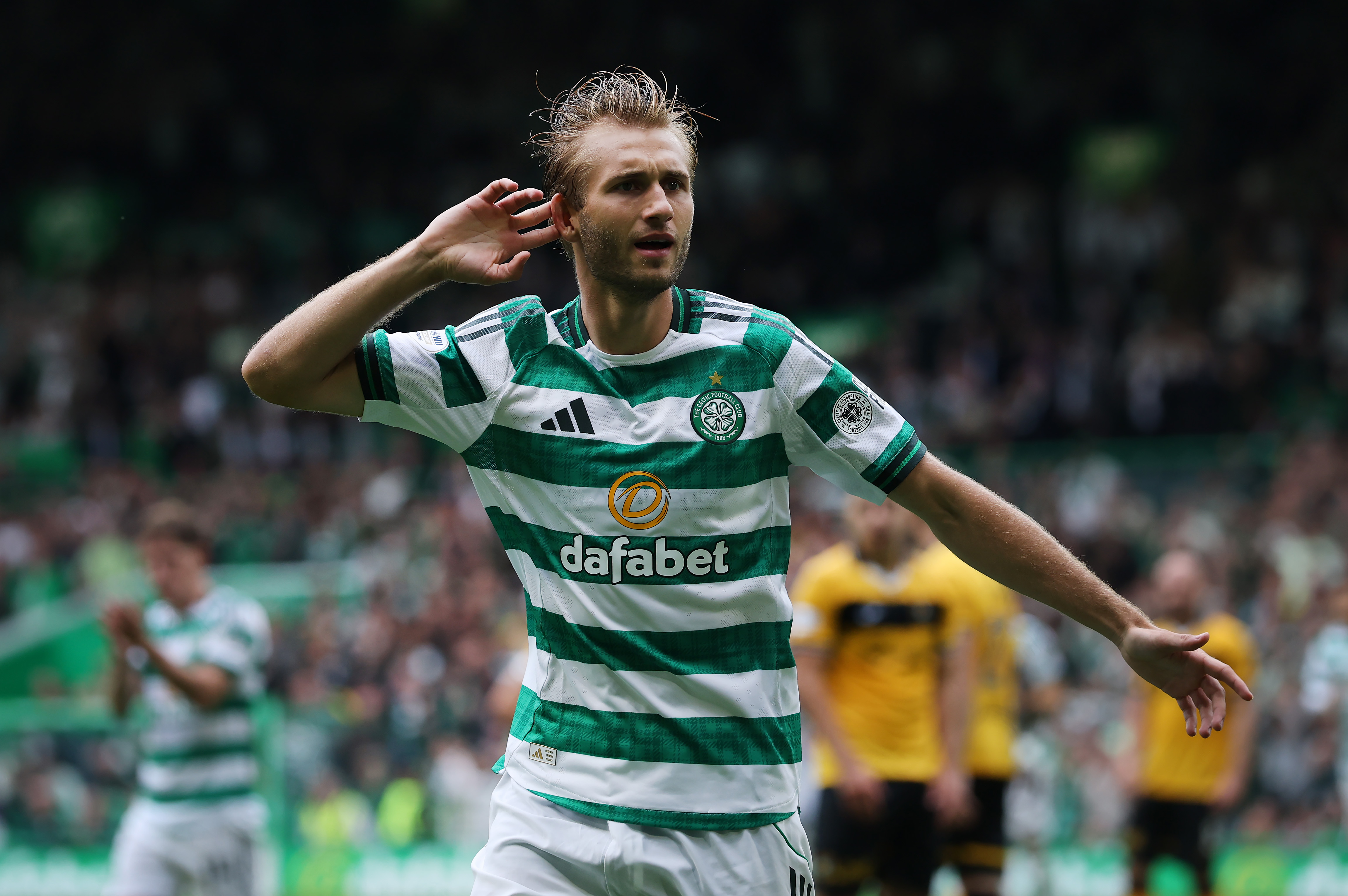 Benjamin Nygren of Celtic celebrates