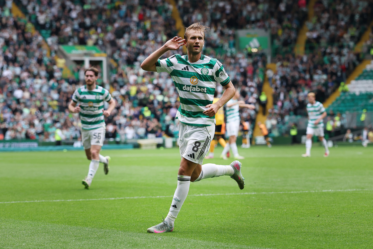 Benjamin Nygren celebrates scoring during Scottish Premiership match between Celtic and Livingston at Celtic Park on August 23, 2025. (Photo by Ian MacNicol/Getty Images)