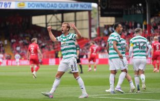 Benjamin Nygren of Celtic celebrates
