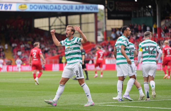 Benjamin Nygren of Celtic celebrates