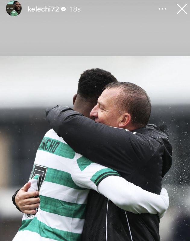 Kelechi Iheanacho celebrates with Brendan Rodgers 
