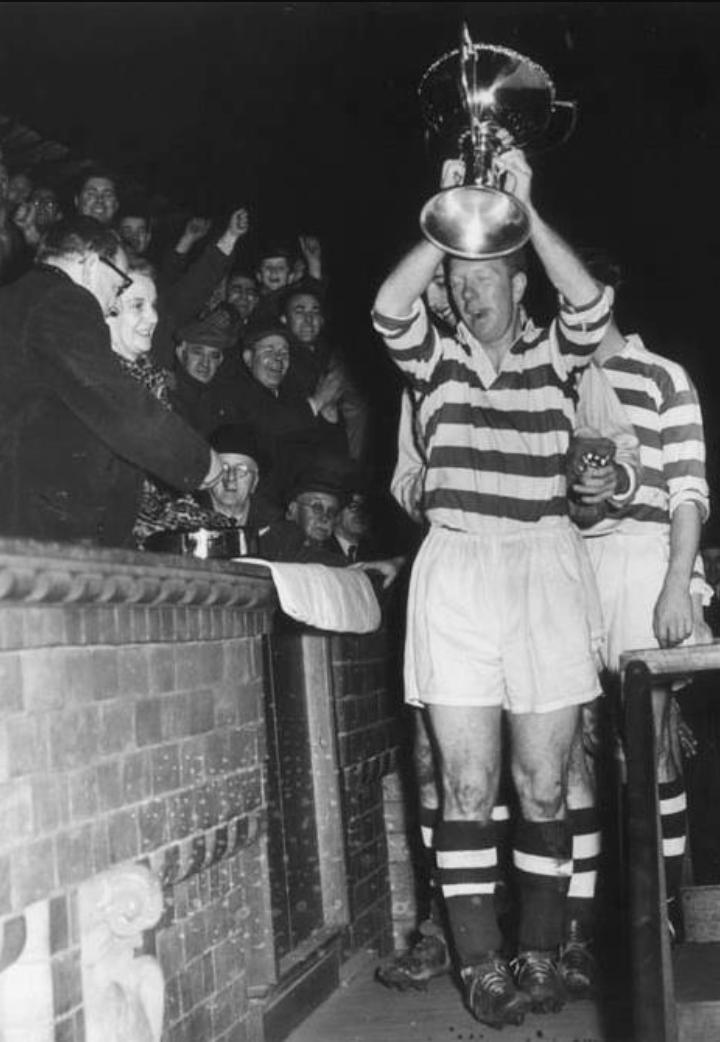 Celtic captain Bobby Evans lifts the League Cup in 1956 