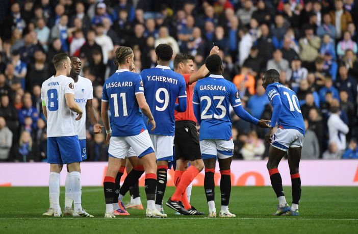 Diomande of theRangers is shown a red card