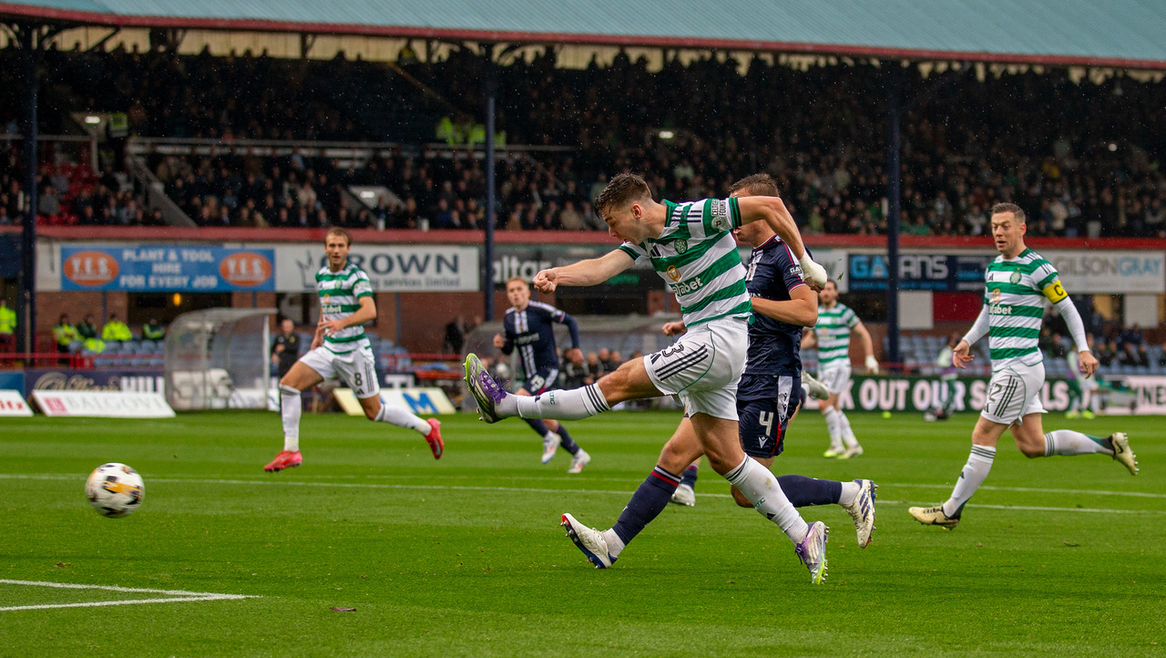 Kieran Tierney shoots wide.