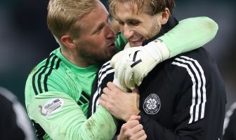 Kasper Schmeichel and Benjamin Nygren of Celtic