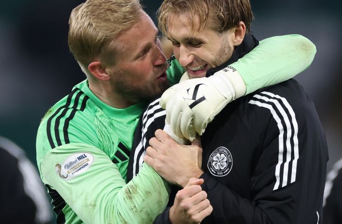 Kasper Schmeichel and Benjamin Nygren of Celtic