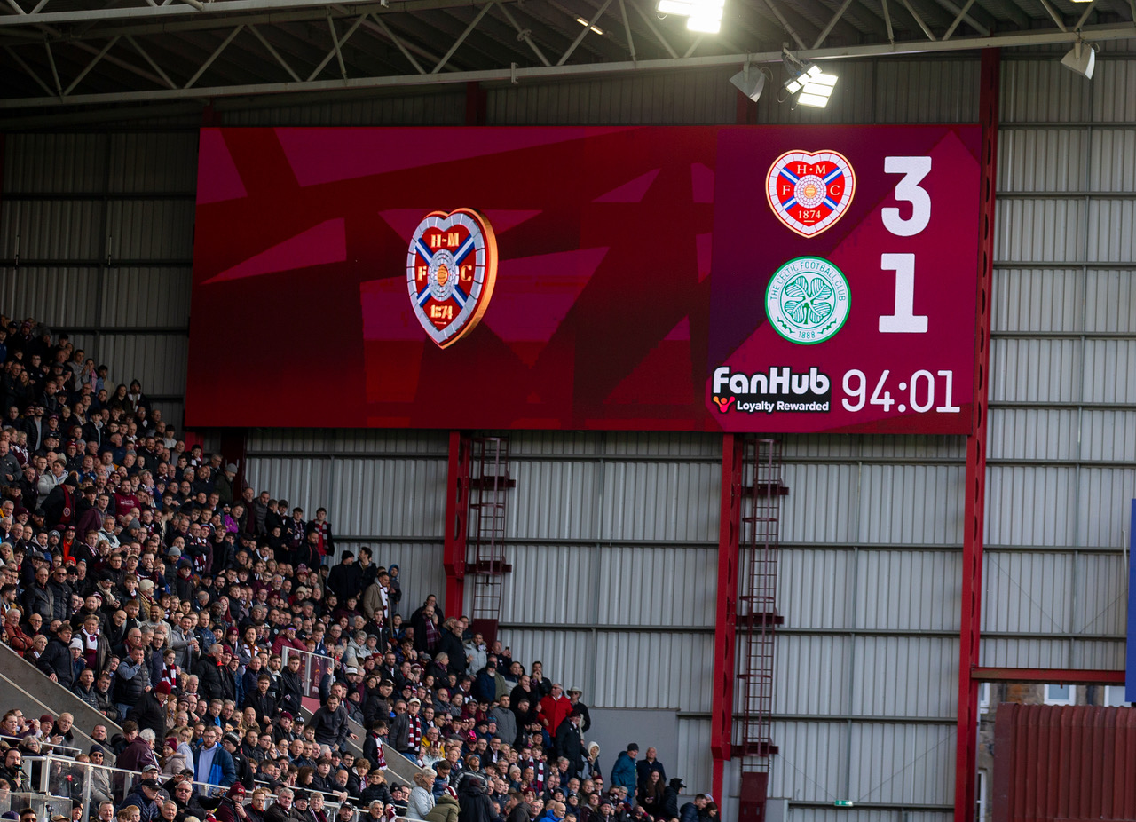 The scoreboard at Tynecastle just before the final whistle.