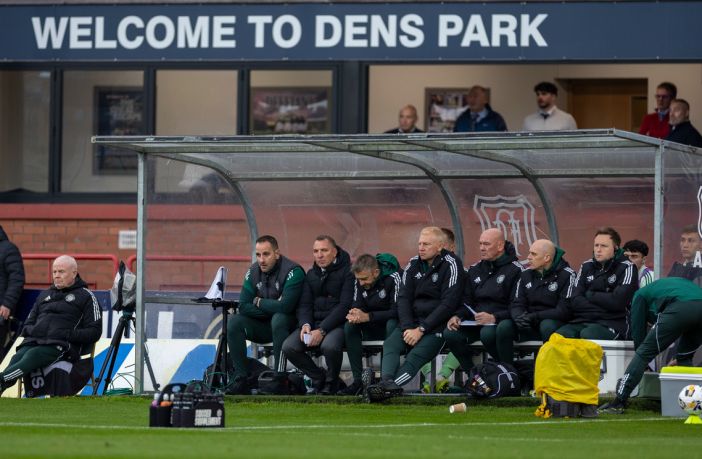 Brendan Rodgers on the Celtic bench at Dens Park.