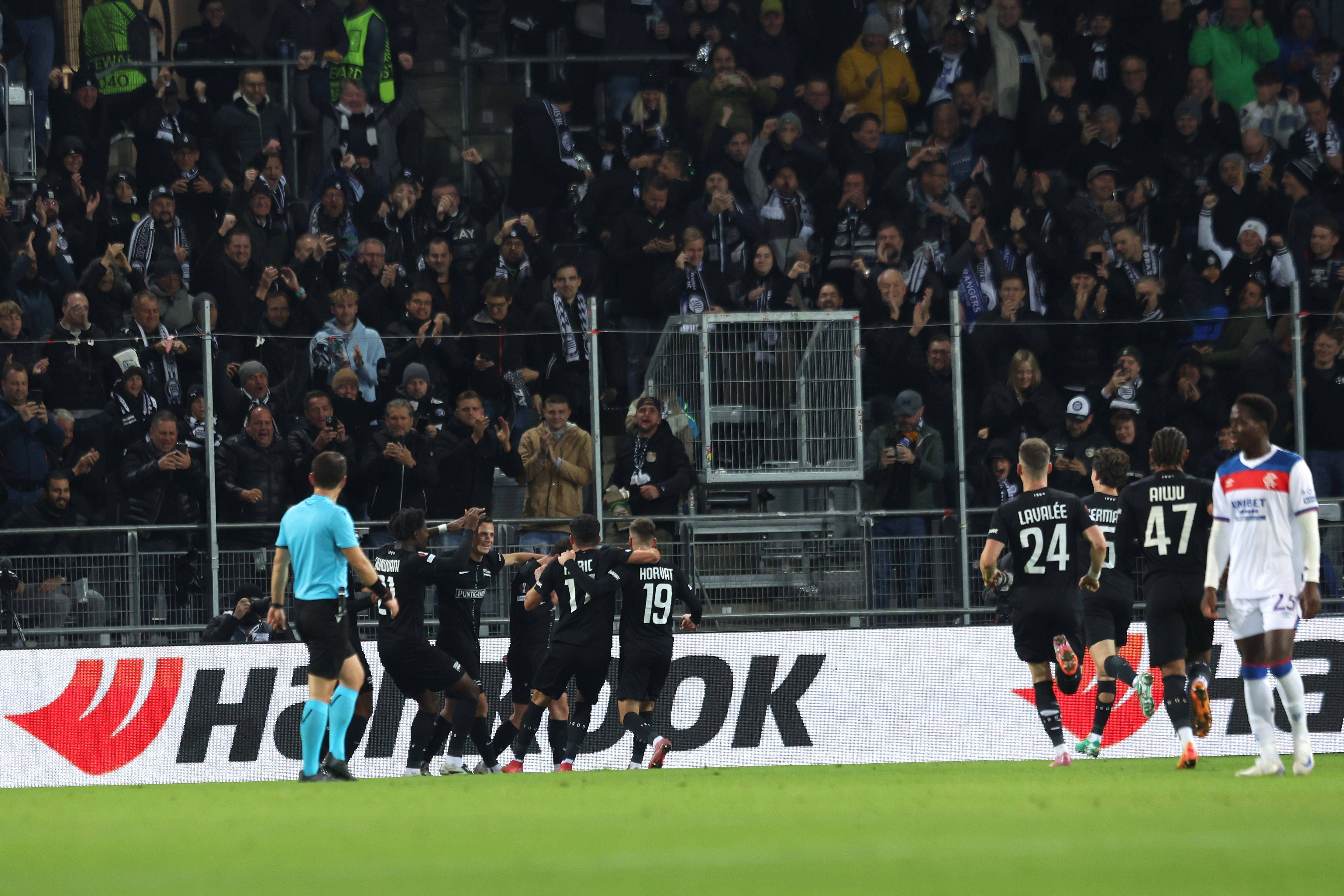 Emir Karic of SK Sturm Graz celebrates his goal against theRangers 