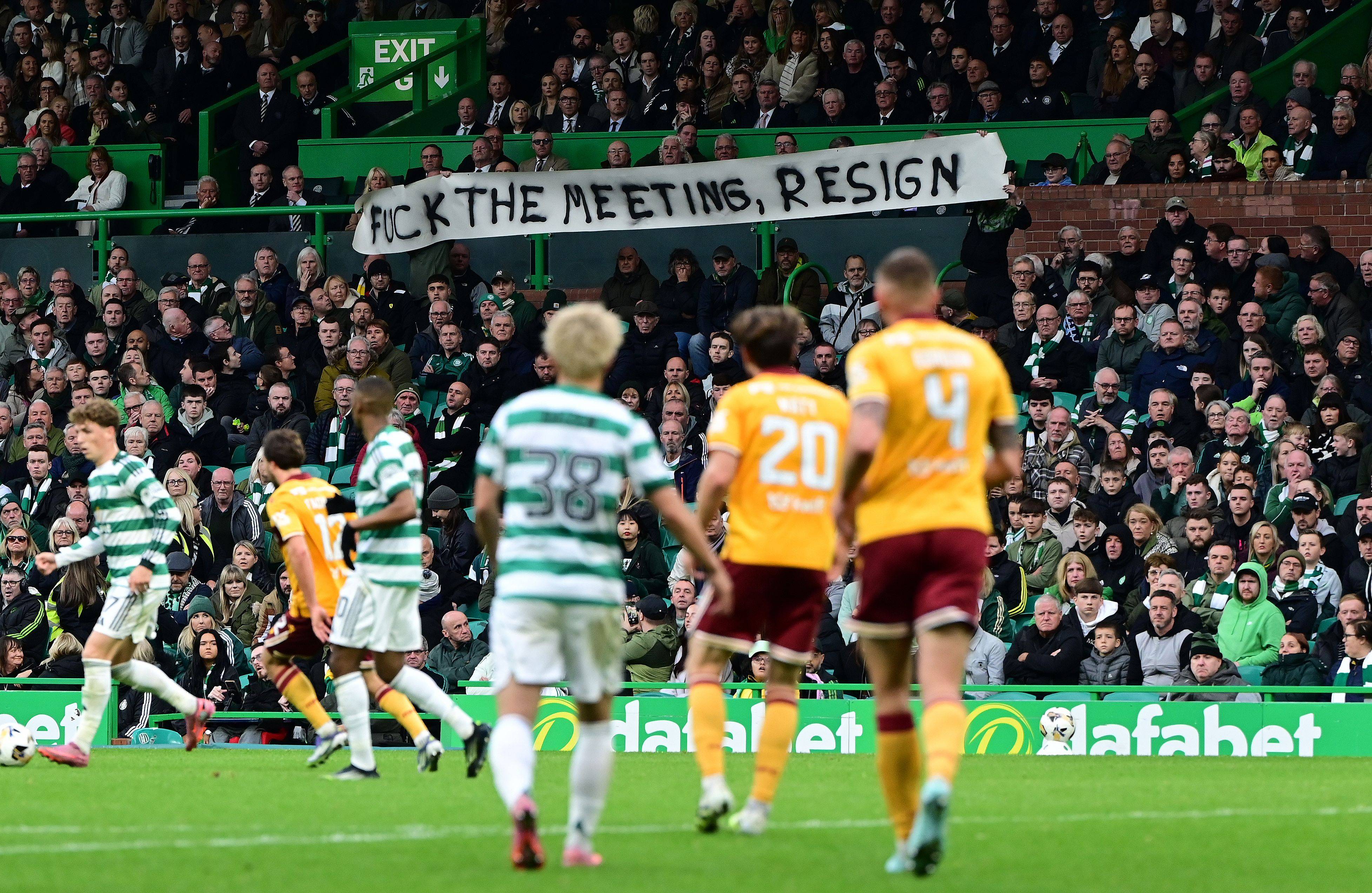 Protest banner in lower main stand 