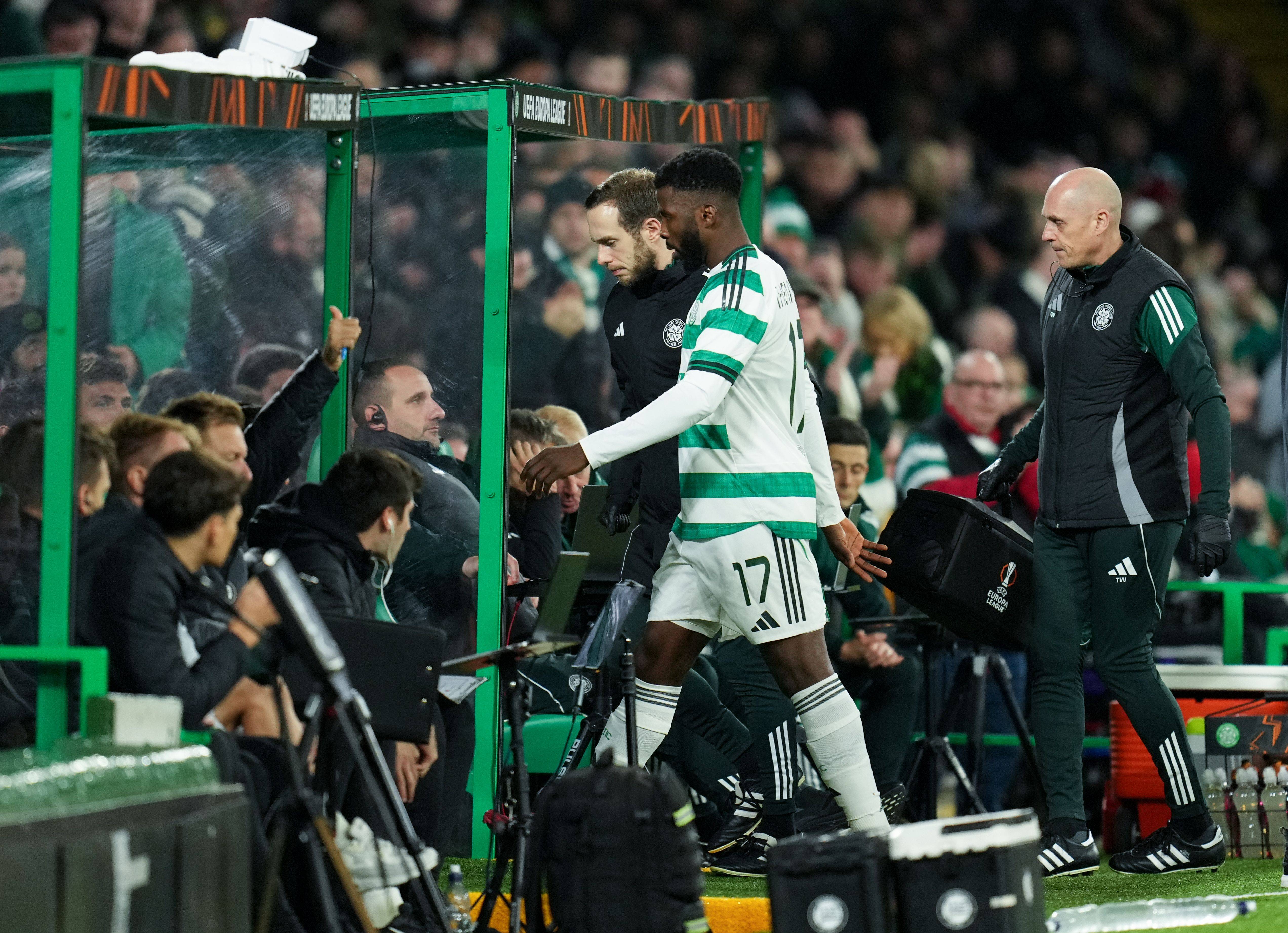 Kelechi Iheanacho of Celtic walks off injured in 3rd minute