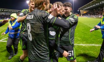 Colby Donovan in the celebrations as Callum McGregor scores a last minute winner.
