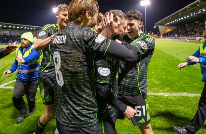 Colby Donovan in the celebrations as Callum McGregor scores a last minute winner.