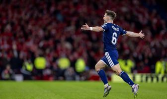 Kieran Tierney celebrates after scoring for Scotland
