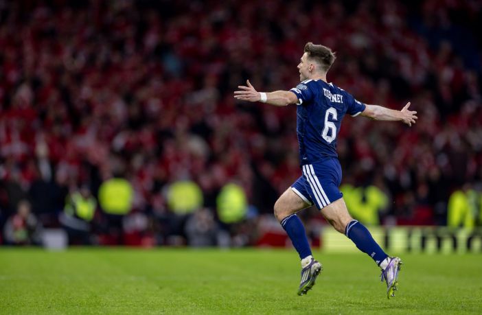 Kieran Tierney celebrates after scoring for Scotland