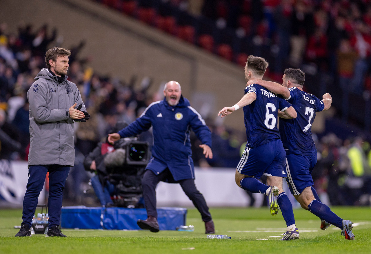 Kieran Tierney celebrates after scoring for Scotland