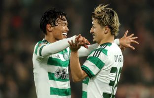 Reo Hatate of Celtic celebrates