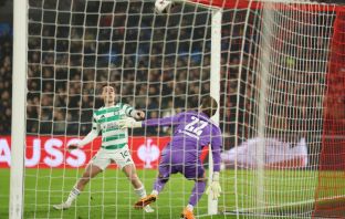 Luke McCowan of Celtic shoots but hits the crossbar