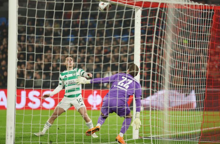 Luke McCowan of Celtic shoots but hits the crossbar