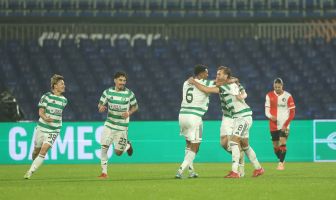 Benjamin Nygren of Celtic celebrates