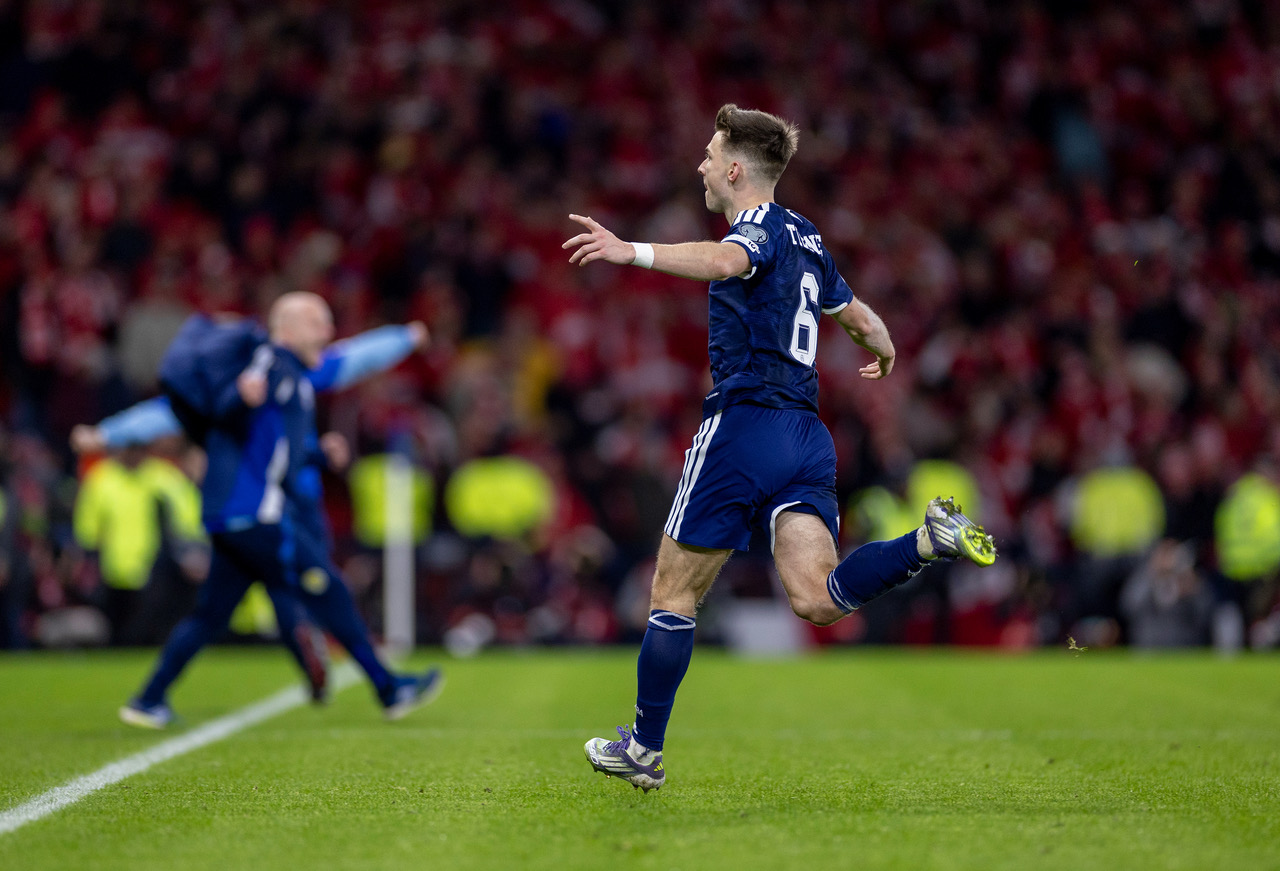 Kieran Tierney celebrates after scoring for Scotland