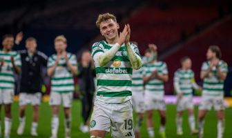 Callum Osmand leads the victory celebrations at Hampden.
