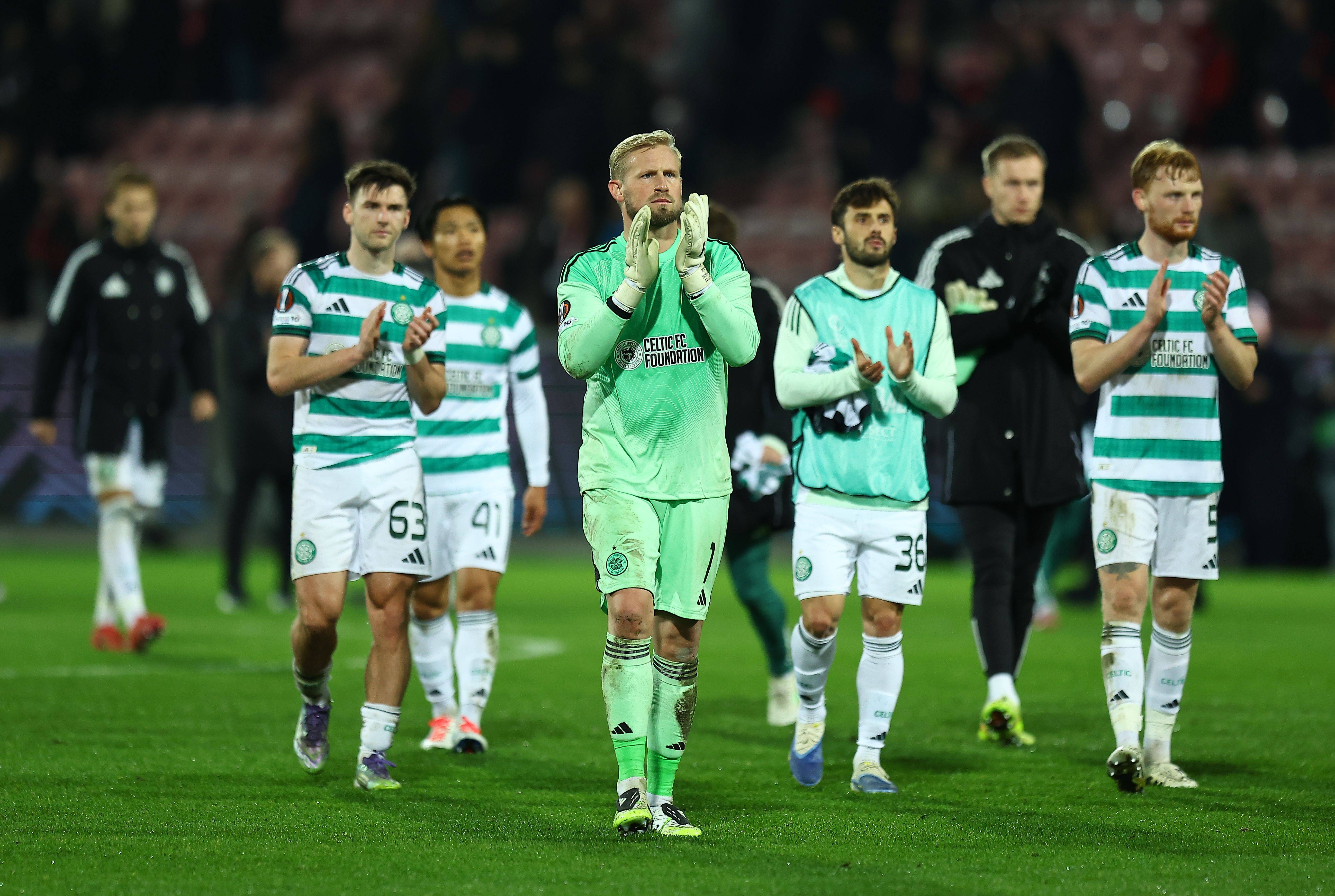 Kasper Schmeichel of Celtic applauds the fans