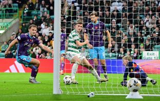 Johnny Kenny of Celtic has a chance on goal