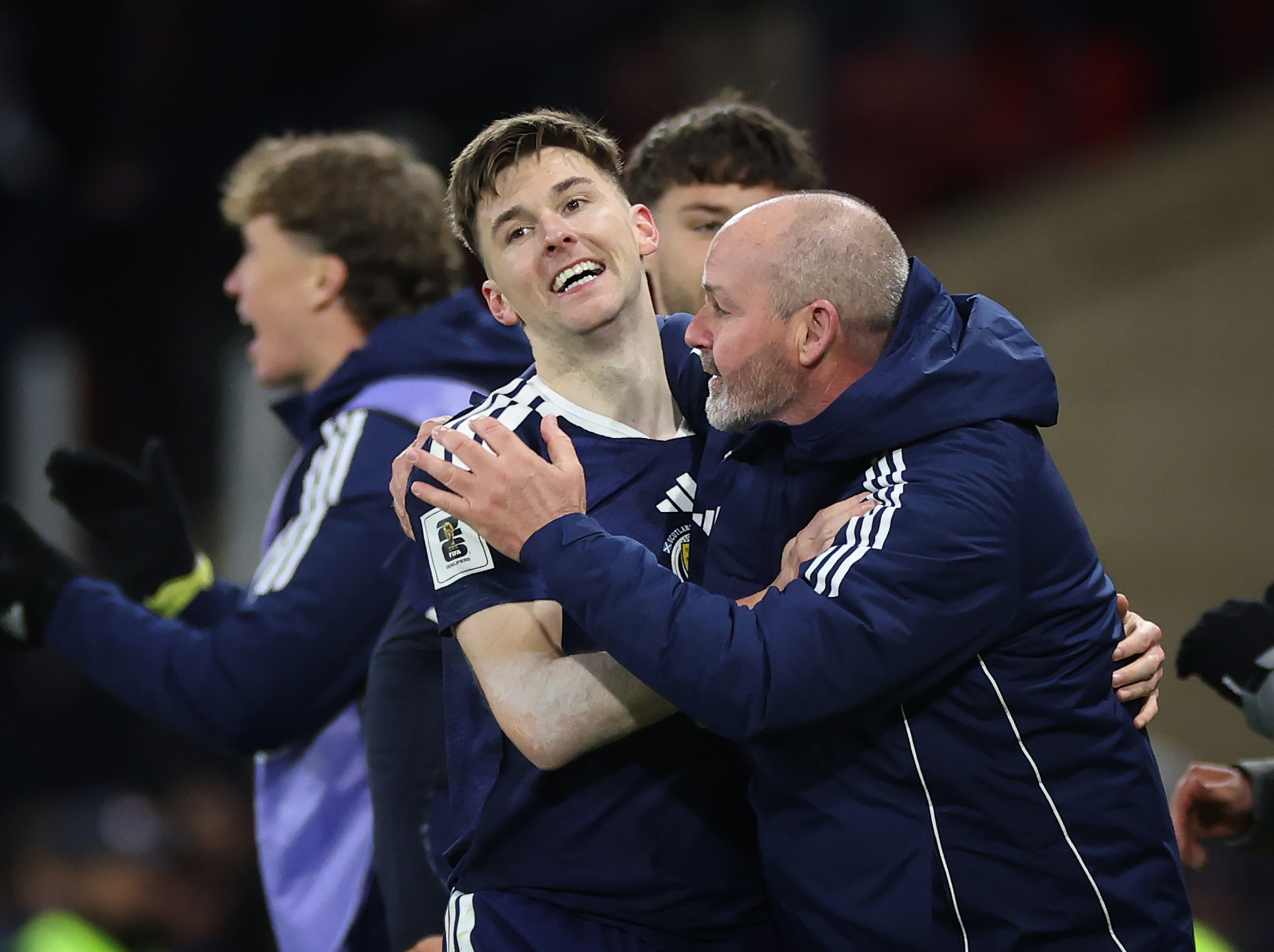 Kieran Tierney celebrates with Steve Clarke