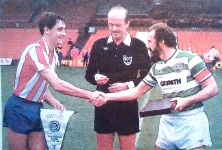 The pre-match formalities. Celtic v Atletico Madrid, Behind Closed Doors match in September 1985.
