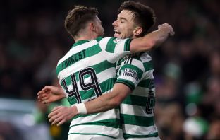 Kieran Tierney and James Forrest celebrate