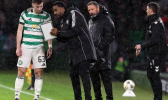 Kieran Tierney and Celtic manager Wilfried Nancy