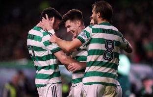 Kieran Tierney of Celtic celebrates scoring