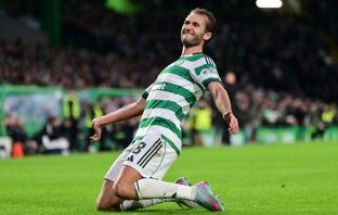 Benjamin Nygren of Celtic celebrates