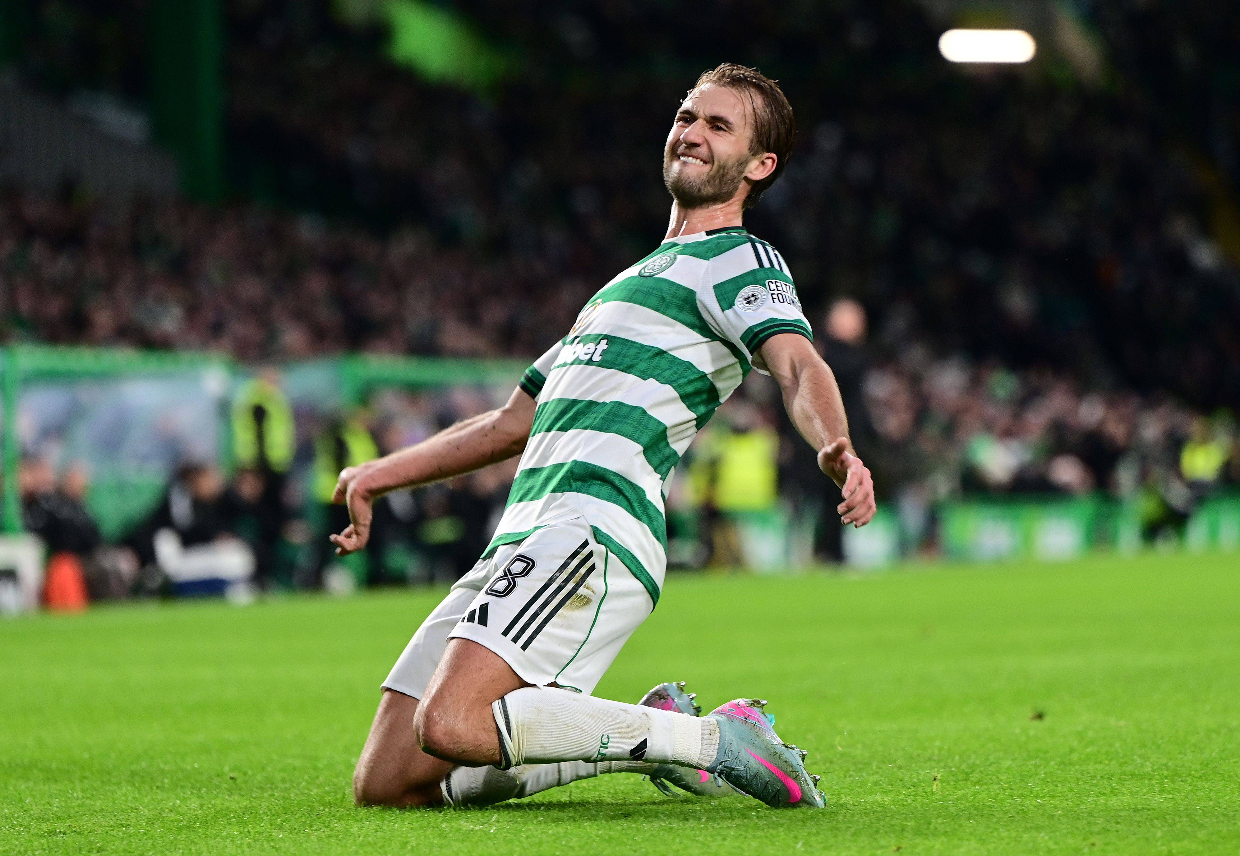 Benjamin Nygren of Celtic celebrates
