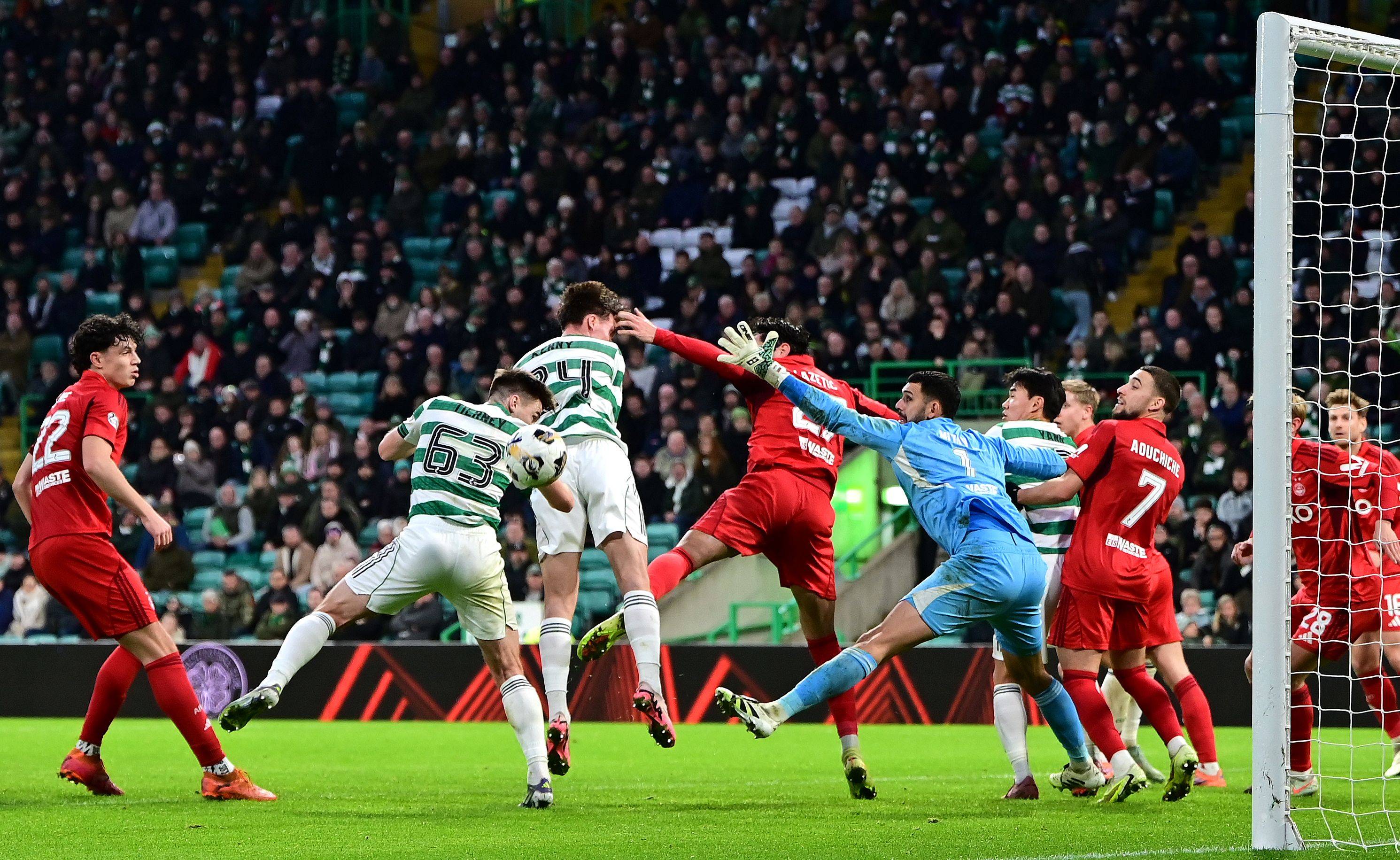Kieran Tierney of Celtic goes close