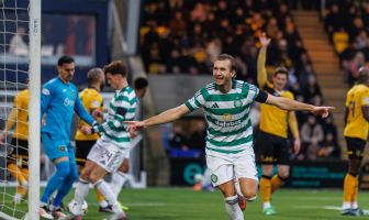 Benjamin Nygren of Celtic celebrates