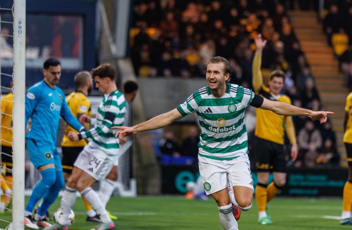Benjamin Nygren of Celtic celebrates