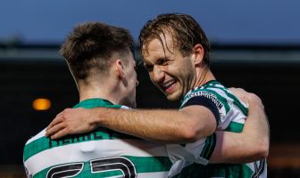 Benjamin Nygren and Kieran Tierney of Celtic celebrate